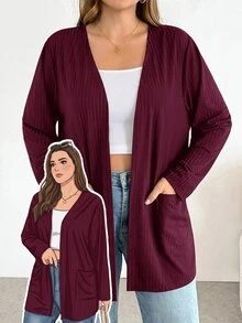 SHEIN Essnce 大尺碼女款時尚休閒寬鬆舒適基礎百搭長袖黑色開襟衫，春夏穿搭，極簡風，上班上衣 - 中紫紅色 - 查看 3