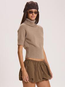 MUSERA Ribbed High Roll Neck Short Sleeve Cinched Waist Jumper Winter Fall Cute Everyday Coolgirl Mullburn Hill - Multicolor - View 3