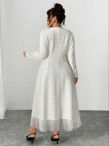 Elenzga Plus Size Single-Breasted Tassel Hem Long Sleeve Cinched Waist A-Line Dress - Beige - View 2