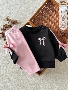 SHEIN 新生兒秋冬黑色圓領衛衣上衣，粉色蝴蝶結印花、粉色條紋袖口與粉色蝴蝶結，優雅風格，搭配粉色長褲，柔軟面料，適合室內外穿著 - 彩色 - 查看 4