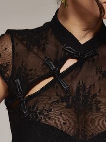 MUSERA Lace Frog Clasp Asymmetric Fitted Top Fall Cute Autumn Sexy Night Out Party Going Out Low Lights - Black - View 6