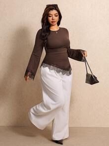 Elaquor Plus Size Women's Round Neck Long Sleeve Contrast Lace Asymmetric Hem Fitted Fashion T-Shirt - Coffee Brown - View 5
