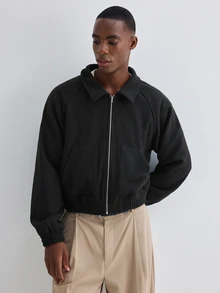 Merionis Men's Solid Color Raglan Long Sleeve Zip-Up Casual Jacket - Black - View 4