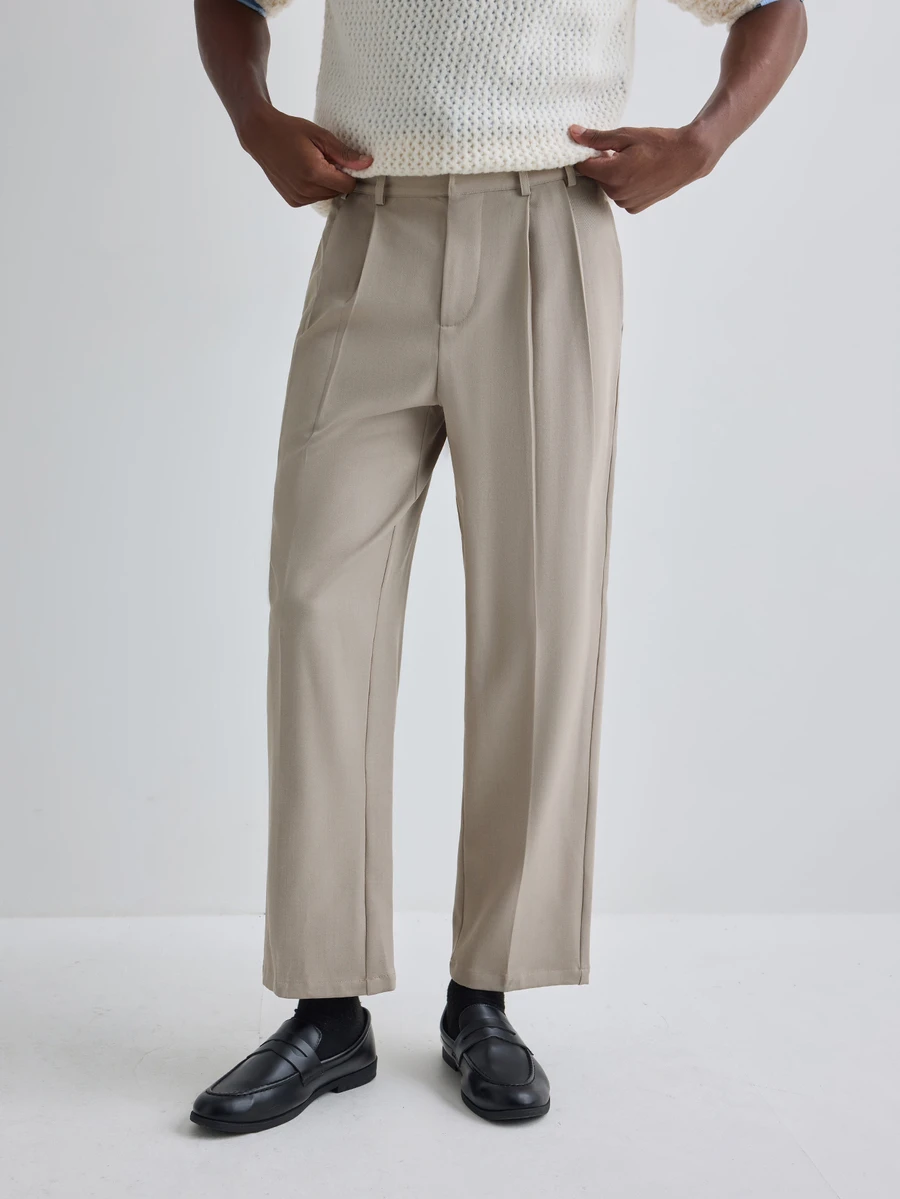 Merionis Men's Solid Color Fold Pleated Straight Leg Casual Versatile Long Pants - Khaki - View 1