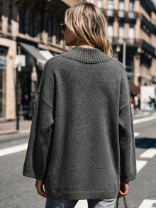 Elafinee Chinese Zen Style Oversized Lapel 3D Frog Button Lazy Drop Shoulder Ribbed Cuff Loose Casual Fashion Women's Cardigan - Grey - View 2