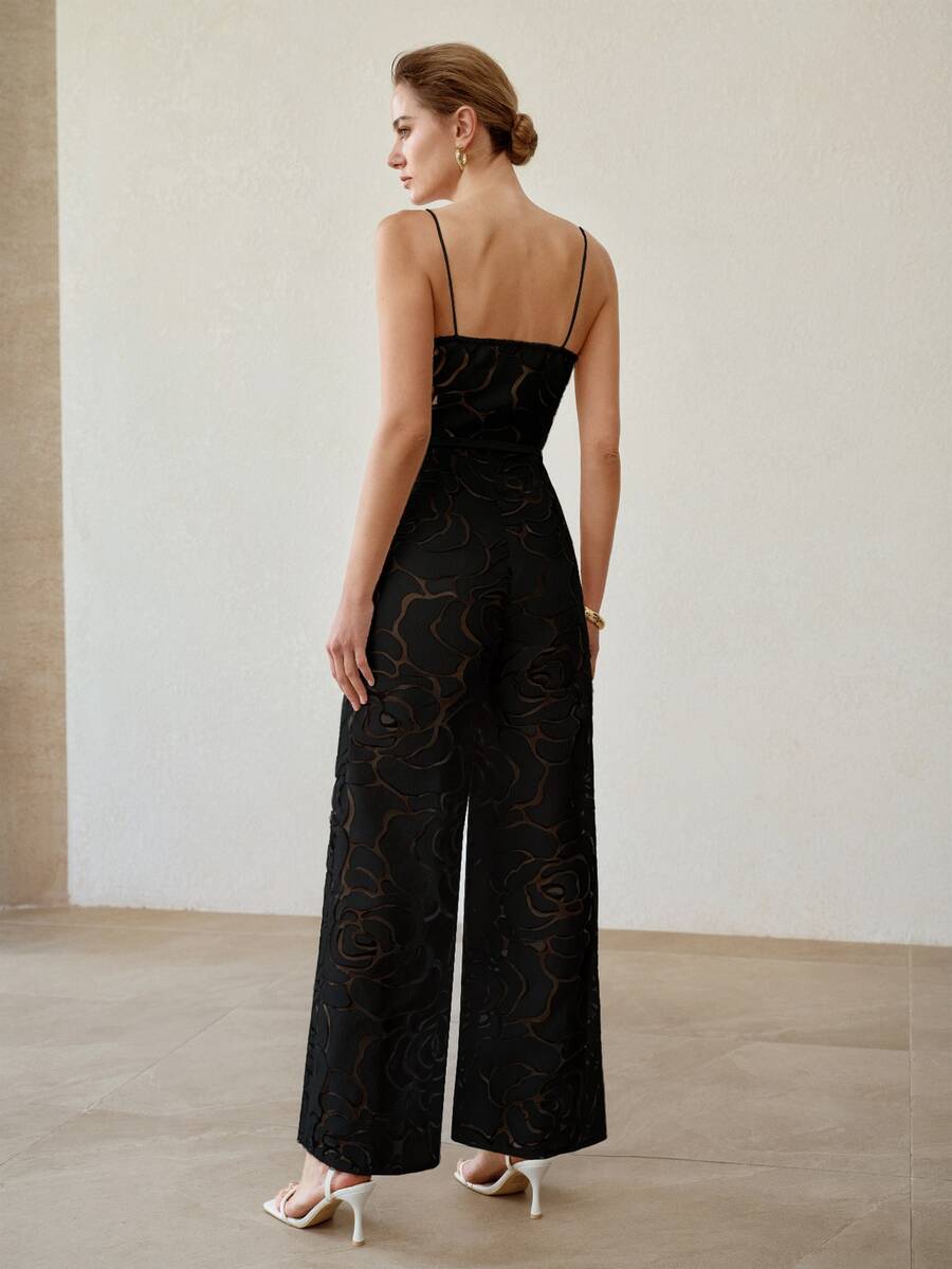MOTF PREMIUM ARTISTIC ROSE TEXTURE SPAGHETTI STRAP FASHION ELEGANT WAIST-CINCHED SLIMMING HIGH-END WOMEN'S JUMPSUIT - Black - View 2