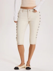 MUSERA Button Down Side Low Rise Fitted Denim Capris Autumn Winter Fall Cute Everyday Coolgirl Mullburn Hill - Khaki - View 2