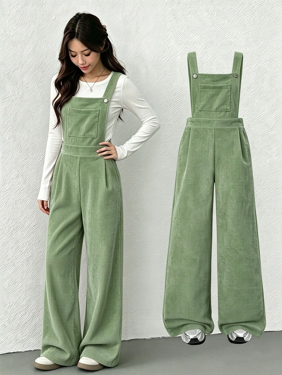 SHEIN Tween Girls Fleece Fall Clothes Autumn/Winter Ribbed Corduroy Adjustable Buckle Elastic Waist Jumpsuit, Suitable For Autumn/Winter, Daily Wear - Green - View 1