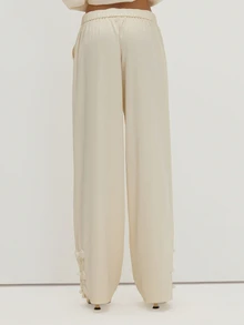 MUSEYN Cream Satin Elasticated Waist Knot Detail Trousers Versatile Evening Date Night Chic New Season Fall - Cream - View 4