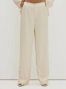 MUSEYN Cream Satin Elasticated Waist Knot Detail Trousers Versatile Evening Date Night Chic New Season Fall - Cream - View 2