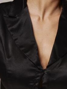 MUSERA Collared Satin Button Down Cropped Shirt Winter Fall Cute Autumn Sexy Night Out Party Going Out Low Lights - Black - View 6