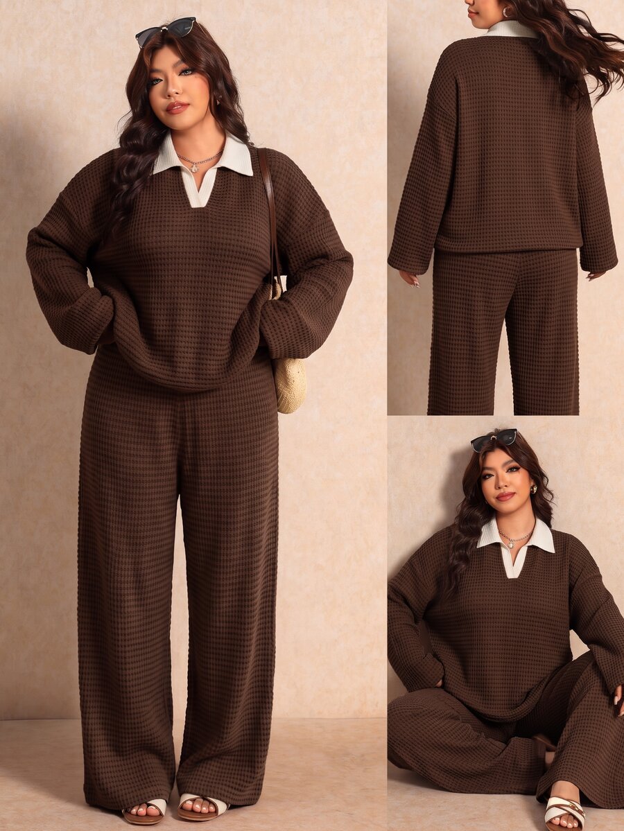 Elaquor Plus Size Women's Striped Colorblock Long Sleeve Top And Wide Leg Pants Casual Daily 2-Piece Set Casual Daily Going Out Striped Sets For Fall/Winter - Brown - View 1
