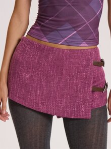 MUSERA Checkered Buckle Side Textured Fabric Mini Skort Winter Fall Cute Everyday Coolgirl Mullburn Hill - Purple - View 1