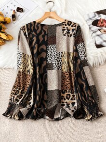 SHEIN LUNE CURVE 大尺碼女款拼接豹紋V領長袖休閒襯衫 - 彩色 - 查看 2