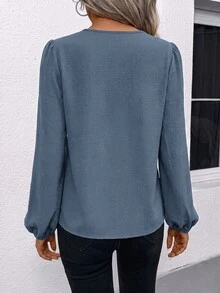 SHEIN LUNE 缺口領飾假門襟花瓣袖長袖女式襯衫 - 霧霾藍 - 查看 6