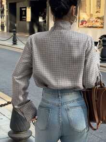 Elyressa 女款格紋領結領長袖休閒通勤襯衫 - 卡其色 - 查看 2