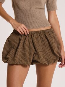 MUSERA Puffball Checkered Gingham Elasticated Waist Mini Skirt Autumn Winter Fall Cute Everyday Coolgirl Mullburn Hill - Brown - View 1