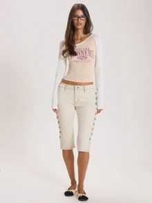 MUSERA Button Down Side Low Rise Fitted Denim Capris Autumn Winter Fall Cute Everyday Coolgirl Mullburn Hill - Khaki - View 1