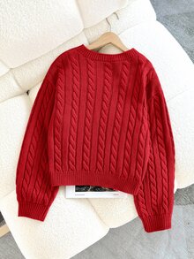 SHEIN Tween Girl Casual Solid Color Dropped Shoulder Loose Textured Knit Cropped Sweater, Autumn/Winter Kids - Red - View 2