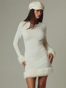 MUSERA Cream Long Sleeve Fur Mini Dress Fall Autumn Winter Casual Style Outfits - White - View 1