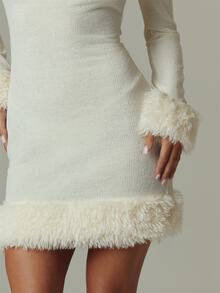 MUSERA Cream Long Sleeve Fur Mini Dress Fall Autumn Winter Casual Style Outfits - White - View 4