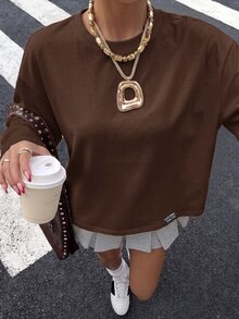 Muchica 95%棉女款休閒街頭寬鬆短袖T恤，女款夏季服飾，女款街頭風 - 棕色 - 查看 5
