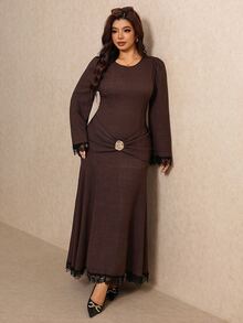 Elaquor Plus Size Women's Round Neck Puff Long Sleeve Contrast Lace Elegant Dress - Coffee Brown - View 5