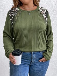 EMERY ROSE Plus Size Women's Patchwork Floral Print Crew Neck Long Sleeve Casual Sweatshirt - Army Green - View 7