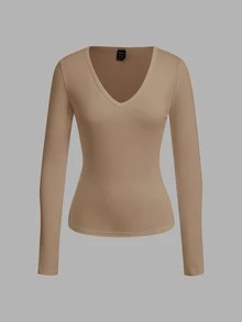 SHEIN EZwear 3件組女款素色V領長袖休閒T恤 - 彩色 - 查看 4
