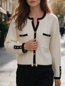 SHEIN Women's Contrast Color Long Sleeve Single-Breasted Casual Knit Cardigan - Apricot - View 5