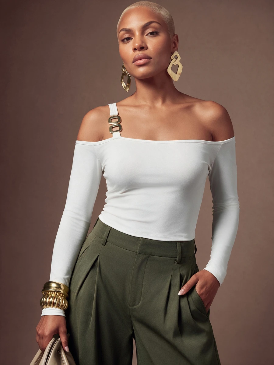 SHEIN Lunessa Women's Autumn Fashion Metal Decor Off Shoulder Long Sleeve White T-Shirt - White - View 1