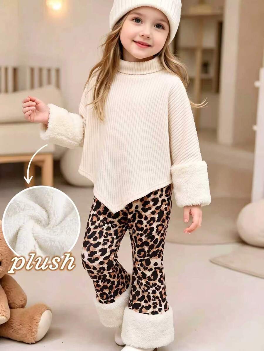 SHEIN 2件組女童休閒時尚不對稱羅紋高領上衣 + 豹紋喇叭褲,內層加厚保暖,適合秋冬日常穿著 - 杏色 - 查看 1