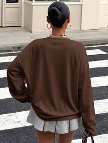 Muchica 95%棉女款休閒街頭寬鬆短袖T恤，女款夏季服飾，女款街頭風 - 棕色 - 查看 2