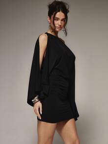 MUSERA Draped Slouch Ruched Waist Loose Fit Mini Dress Fall Cute Autumn Sexy Night Out Party Going Out Low Lights Witch Gothic Horror Grunge Spooky - Black - View 4