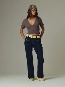 MUSERA Brown Knit Deep Plunge Short Sleeve Top Fall Autumn Winter Casual Style Outfits - Grey - View 2