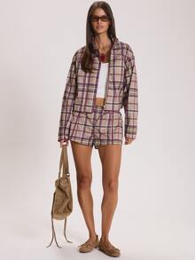 MUSERA Checkered High Funnel Neck Contrast Piping Cropped Boxy Jacket Autumn Winter Fall Cute Everyday Coolgirl Mullburn Hill - Multicolor - View 2