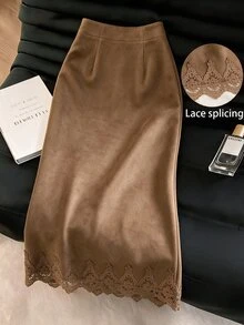 Muvela Women's Brown Suede Lace Skirt - Brown - View 1