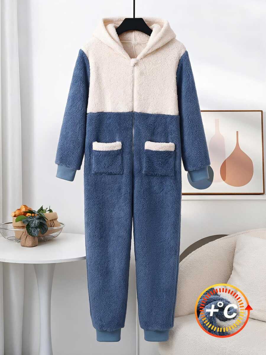 Boys' Smoky Blue & Light Apricot Color Block Zip-Up Contrast Pocket Long Sleeve Fleece Jumpsuit, Autumn/Winter Loungewear - Multicolor - View 1