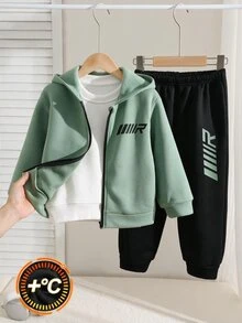 SHEIN 兒童小男孩冬季保暖運動套裝，亮綠色拉鍊連帽外套搭配黑色運動長褲，適合秋季 - 綠色 - 查看 4