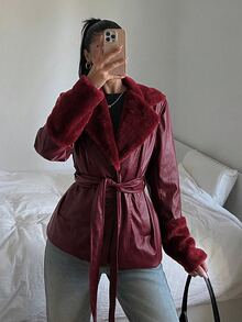 SHEIN EZwear 純色長袖休閒PU拼接收腰抽繩夾克，秋冬款 - 酒紅色 - 查看 5