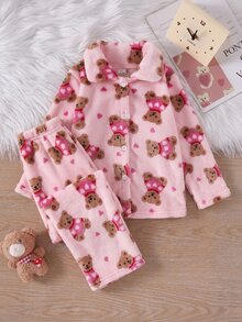 Girls Pink Plush Vertical Striped Bow & Heart Pattern Lapel Front Button Long Sleeve Pants Pajama Set, 2 Pieces Striped Soft Autumn/Winter - Pink - View 3