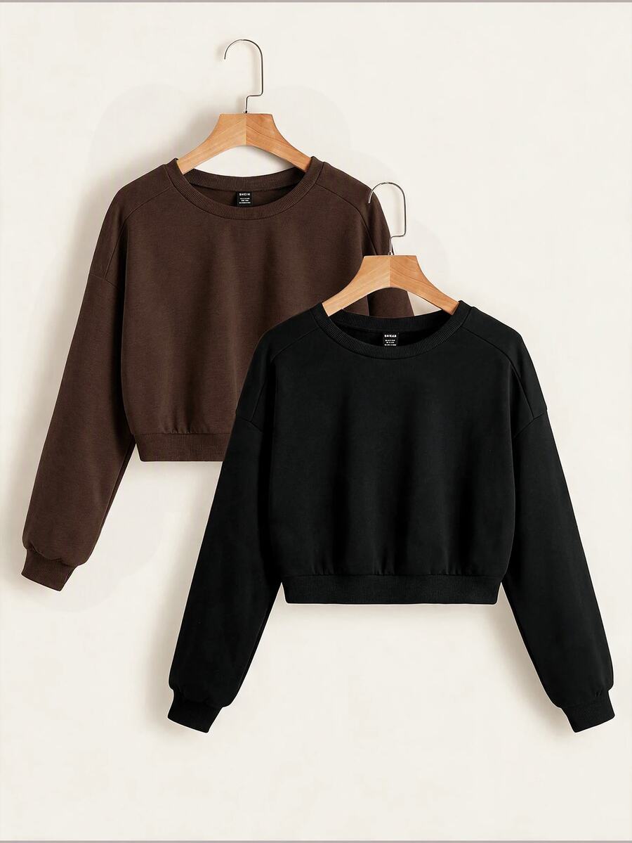 SHEIN EZwear 2件裝素色插肩袖運動衫,長袖上衣,秋季/日常上學穿搭,淺灰色與黑色,休閒基礎款 - 彩色 - 查看 1