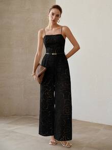 MOTF PREMIUM ARTISTIC ROSE TEXTURE SPAGHETTI STRAP FASHION ELEGANT WAIST-CINCHED SLIMMING HIGH-END WOMEN'S JUMPSUIT - Black - View 4