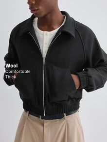 Merionis Men's Solid Color Raglan Long Sleeve Zip-Up Casual Jacket - Black - View 1