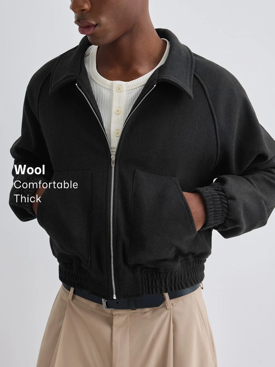 Merionis Men's Solid Color Raglan Long Sleeve Zip-Up Casual Jacket - Black - View 1