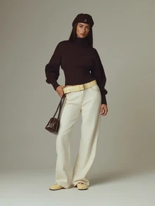 MUSERA Cream Denim Low Rise Straight Leg Jeans Fall Autumn Winter Casual Style Outfits - Light Yellow - View 3
