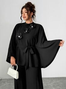 SHEIN LUNE CURVE Plus Size Women's Fashion Casual Loose Daily All-Match Versatile Floral Accent Jacket & Wide Leg Pants Black 2 Pieces Set Fall - Black - View 6