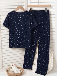SHEIN Set Piyama 2pcs/Set untuk Remaja Perempuan, Atasan Bermotif Pita dan Celana Pendek Kotak-kotak, Kain Rajut Lembut, Nyaman, Gaya Manis dan Elegan - Navy Blue - View 2