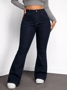 SHEIN EZwear 大尺碼女款高腰口袋休閒喇叭牛仔褲 - 藏蓝色 - 查看 1