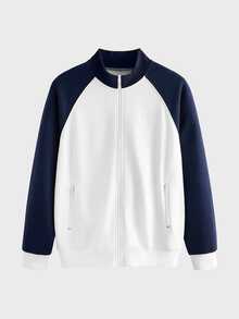 Lornavo Men's Colorblock Raglan Long Sleeve Zip-Up Casual Basic Sweatshirt Beach Vacation White And Navy - Blue and White - View 3